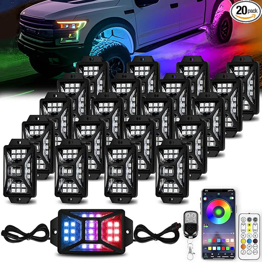 20 Pods 420 LEDs 5 Sides RGB Rock Lights, App/Remote Control Rock Lights for Trucks, Waterproof Multi-Color Bright Underglow Kits, Music Mode, Compatible with 12V Jeep UTV SUV ATV Golf RZR(Patented)