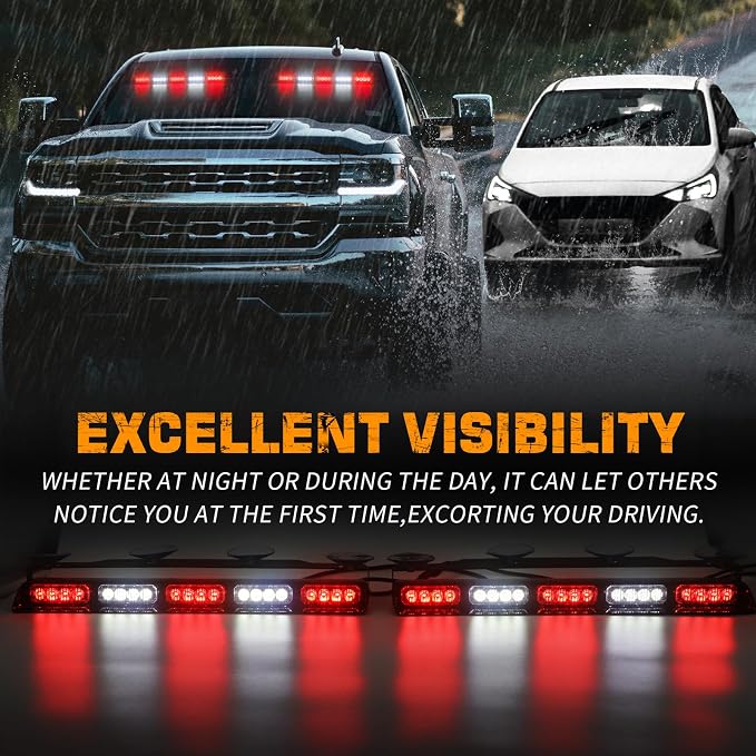 XRIDONSEN 2x 17 inch Red White Emergency Lights 40 LED Dash Strobe lights | Interior Front/Rear Windshield Lights Safety Flashing Warning Hazard for Vehicles Trucks Car