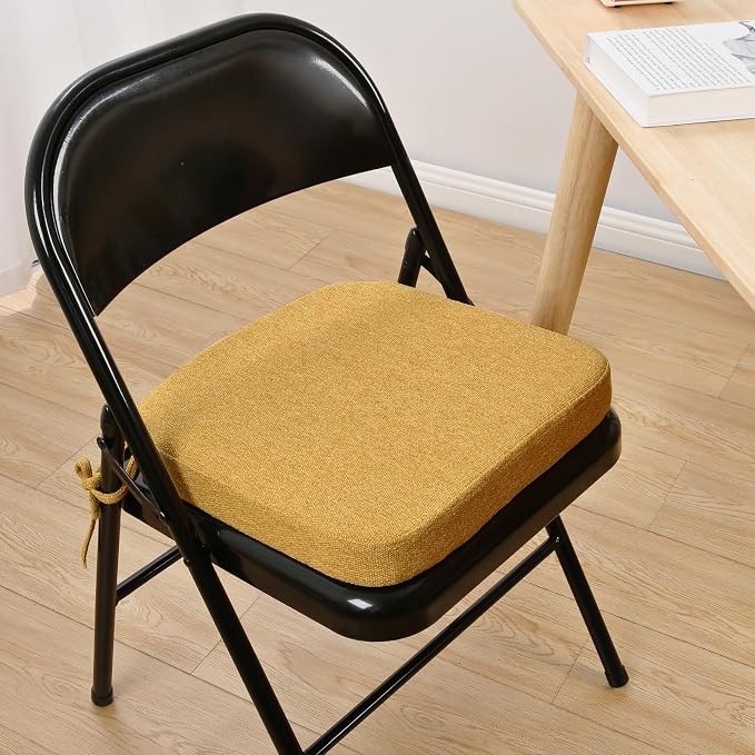 SINOSSO Memory Foam Chair Cushion for Folding Chair 1 Pcs, Thickened 2" Square Kitchen Chair Pad with Ties, Indoor Non-Slip Dining Chair Seat Cushion (1 Piece, Yellow)
