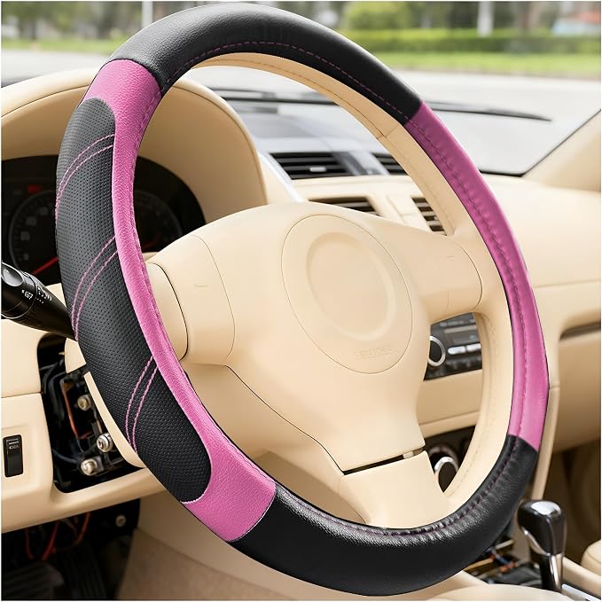 Car Steering Wheel Cover, 14.5-15" Non-Slip Soft Leather Breathable Sporty Steering Wheel Protector, Comfortable Automotive Interior Protection Accessories, Universal for Vehicles (Pink)