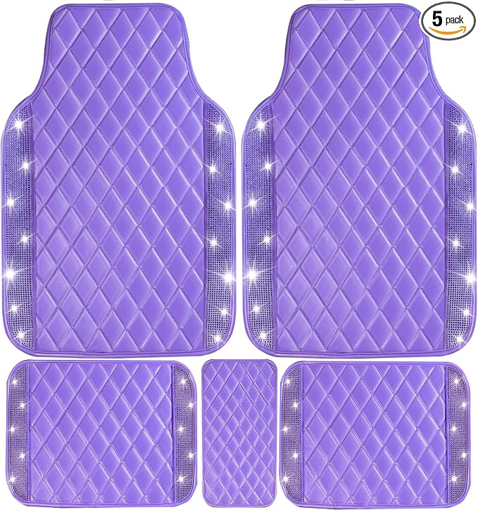 NBTEPEM Bling Leather Car Floor Mats Full Set, Sparkly Diamond Car Mats Universal Fit Most Automotive, Glitter Rhinestone Carpet Waterproof Anti-Slip (Purple Leather Diamond)