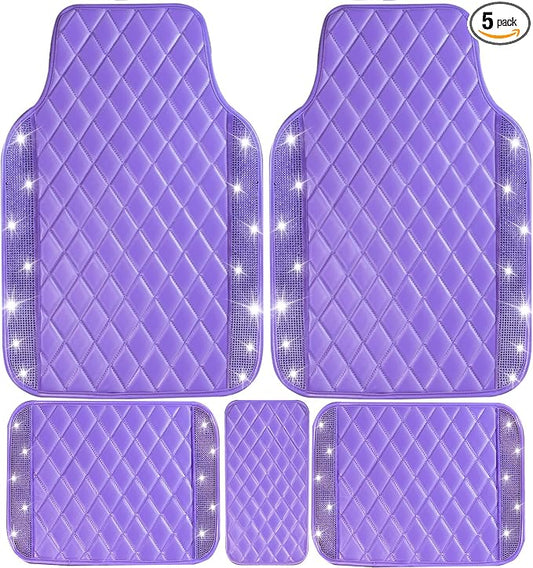 NBTEPEM Bling Leather Car Floor Mats Full Set, Sparkly Diamond Car Mats Universal Fit Most Automotive, Glitter Rhinestone Carpet Waterproof Anti-Slip (Purple Leather Diamond)