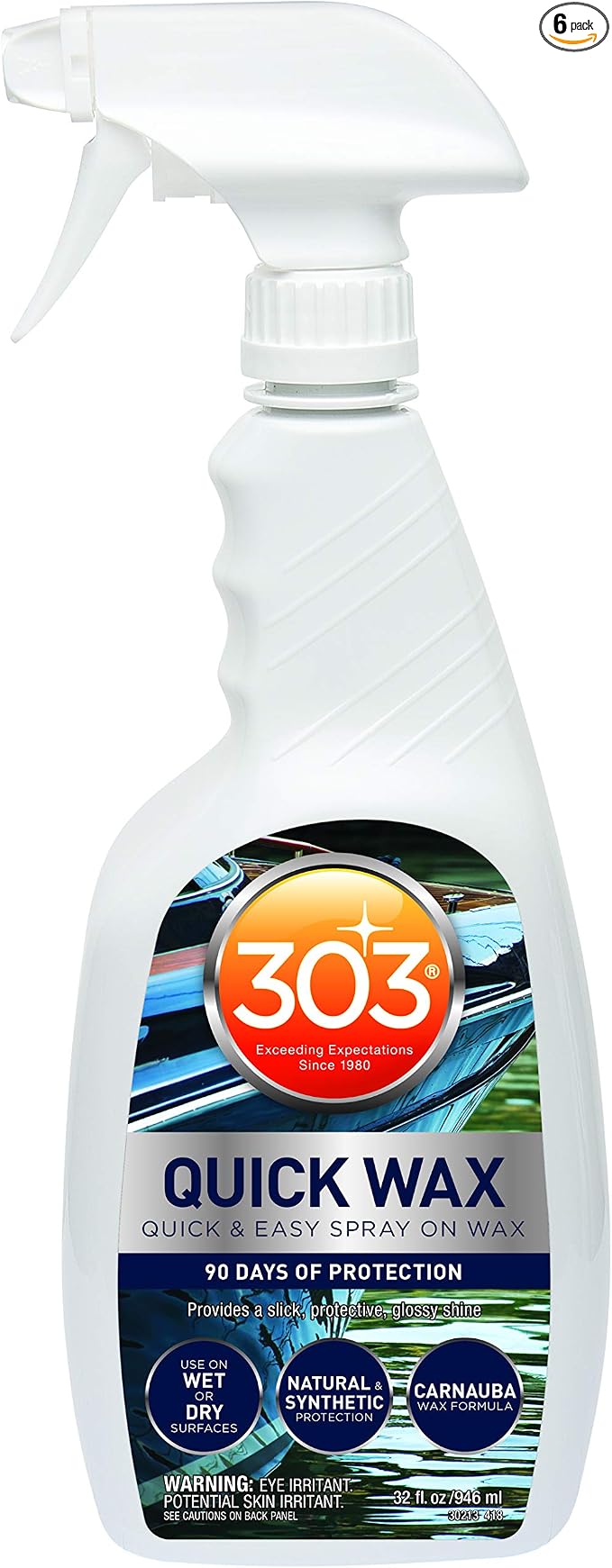 303 (30213-6PK) Marine Quick Wax - Quick And Easy Spray On Wax - 90 Days Of Protection - Provides a Slick, Protective, Glossy Shine - Use On Wet Or Dry Surfaces - Carnauba Wax, 32 fl. oz. 6 Pack