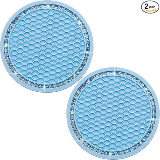 2PCS Bling Cup Holder Coaster, 2.75 Inch Auto Car Cup Holder Insert Coasters, Soft Silicone Anti-Slip Shockproof, Universal Vehicle Interior Accessories for Women Girls (Light Blue & White)