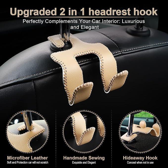 LivTee Upgraded Superior Leather Car Seat Back Headrest Hook, 2 in 1 Auto Seat Hook Hangers Holder Organization Interior Accessories for Purses Coats Umbrellas Grocery Bags Handbag (Beige)