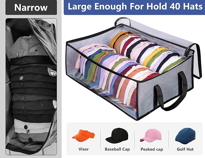 AOODA Hat Storage for Baseball Caps, Large Holds up to 40 Caps Wide Hat Organizer for Closet Snapback Holder, Grey