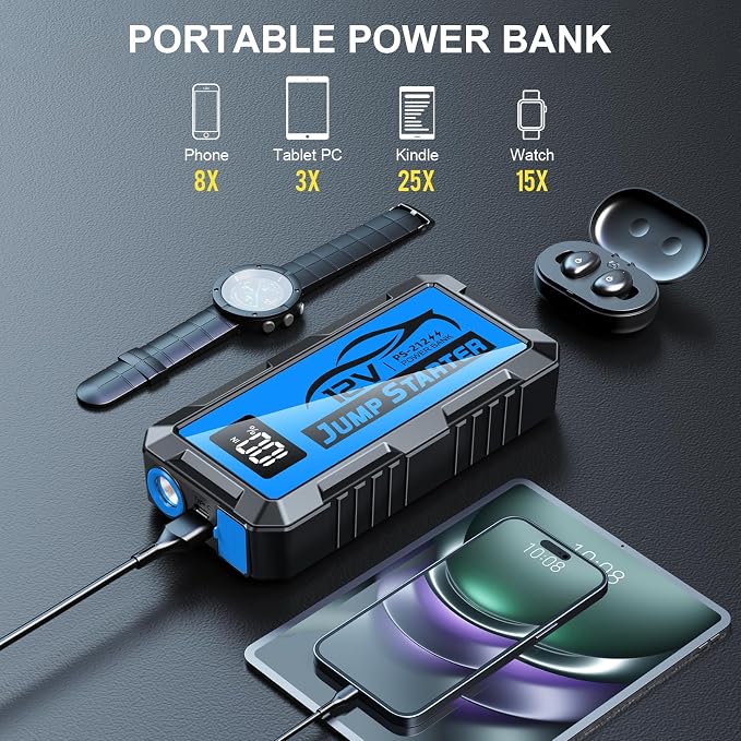 8000A Car Jump Starter, 12V Jump Starter Battery Pack (All Gas,up to 10.0L Diesel Engine) Jumper Cables Portable Lithium Jump Box, USB Output and LED Light