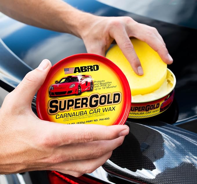 ABRO Super Gold Carnauba Car Wax - Long-Lasting Protection & High Gloss Shine, Car Wax Paste for Cars, Motorcycles, Boats, Safe on All Paint Finishes, Includes Sponge, 8 oz, Pack of 2