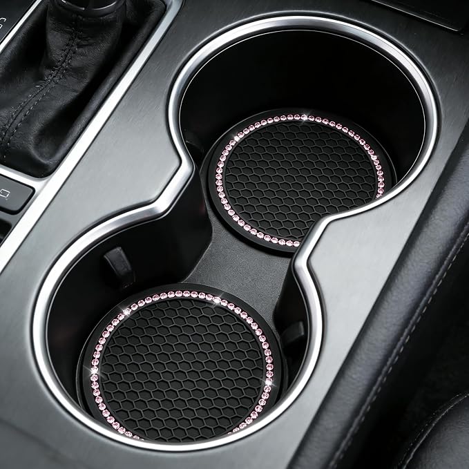 Yousheng 4PCS Bling Car Cup Coaster, Universal Holder Insert Rhinestone Anti Slip Silicone Accessories Suitable for Most Interior, Best Gift Women, Black and Pink