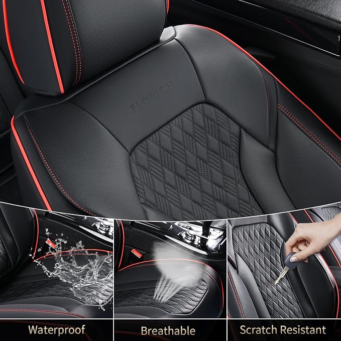 FLORICH Seat Covers, Car Seat Covers Full Set, Luxury Nappa Leather Seat Covers, Breathable and Waterproof Car Seat Protector 5 Seat, Automotive Seat Covers Universal Fit for Most Cars-BlackRedline