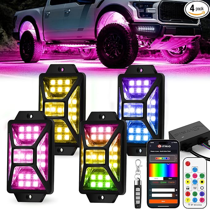 4 Pods Five Sided RGB Rock Lights for Trucks UTV SUV ATV Golf Cart, Multi Chasing Color App/2 Remote Control Led Rock Lights with Music Mode, Waterproof Exterior Underglow Kits for Cars(Patented)