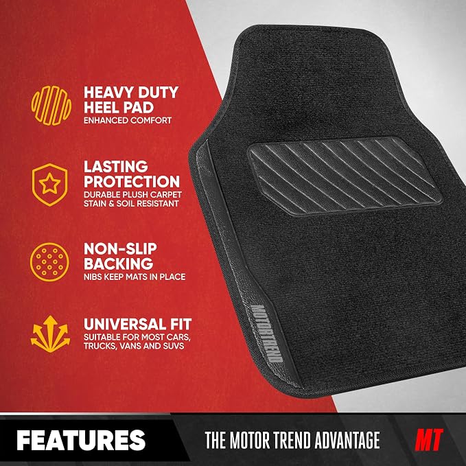 Motor Trend SpeedSeries Carpet Car Floor Mats Set - Versatile Fit for Cars, Trucks, SUVs, Vans Black Trim Racing Design Car Mat Full Set Tapetes para Carro - Set of 4, Black Cars Carpet Mats