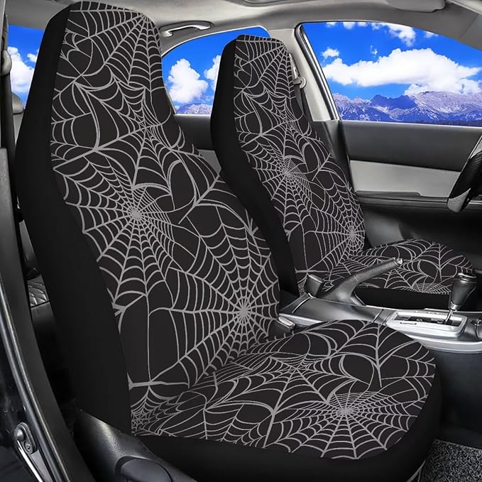 Spider Web Front Seat Covers Set of 2, Soft Stretch Polyester Car Seat Protectors for Front Seats, Universal Fit for Most Cars, SUVs and Sedans