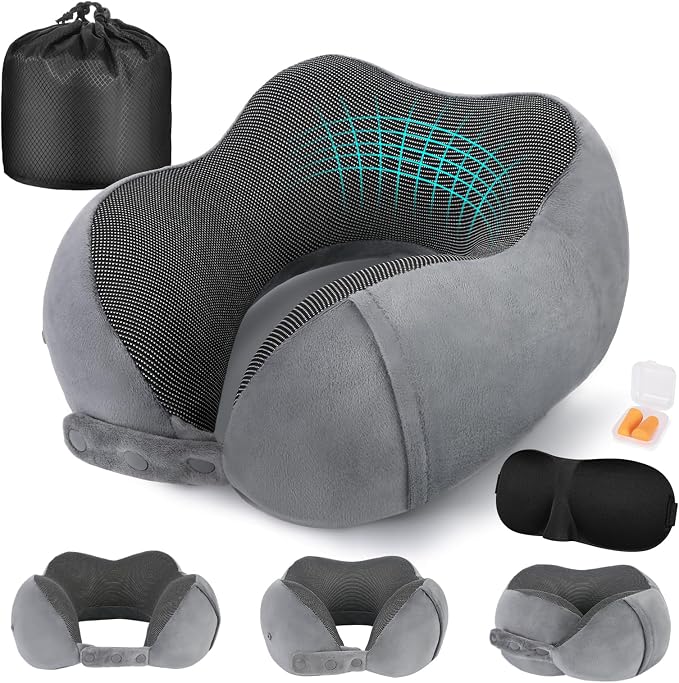 Cirorld Neck Pillow for Traveling, Travel Pillows for Airplanes,100% Pure Memory Foam Travel Neck Pillow, Adjustable Flight Pillow, Portable Plane Accessories with Eye Mask, Earplugs, Carry Bag