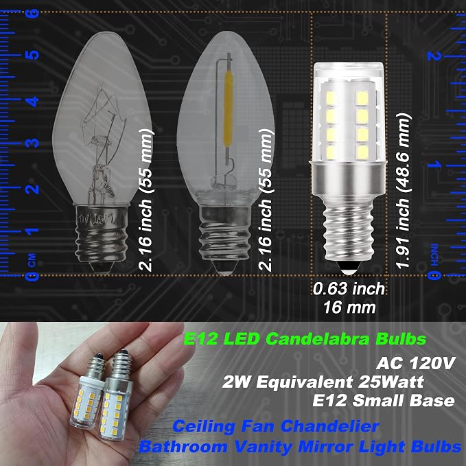 25W Equivalent Decorative Candelabra Bulb Daylight White 6000K E12, 4 Pack | 2 Watt, AC120V, 300lm, Small Base Idear for Ceiling Fan Chandelier Bathroom Vanity Mirror Light Dryer Drum Bulb, Non-Dimmable