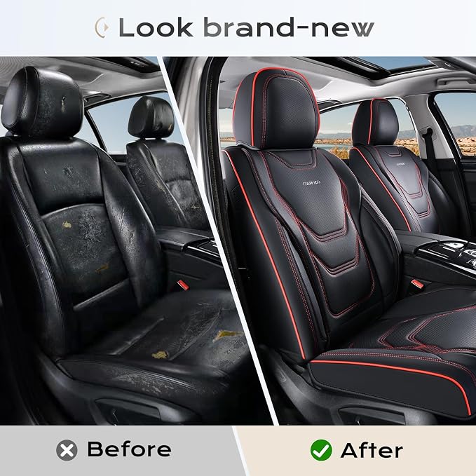Coverado Car Seat Covers Front Seats, 2 Piece Car Seat Protector Waterproof Leather Seat Cushion Universal Fit for Truck Automotive Vehicles Black&Red