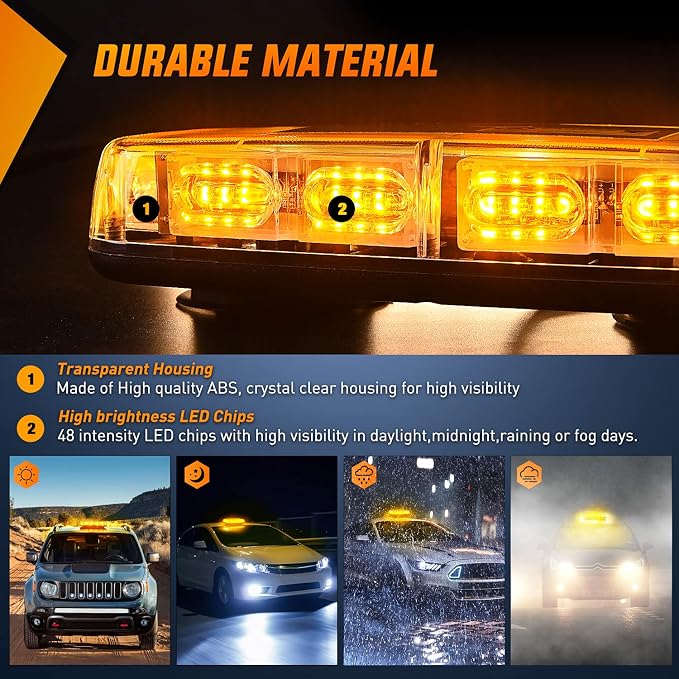 Nilight 2PCS 12 Inch Roof Top Strobe Lights 48LED Hazard Light Emergency Safety Warning LED Flashing Bar Magnetic Mount 12V 24V for Cars Trucks Snow Plow Construction Vehicles