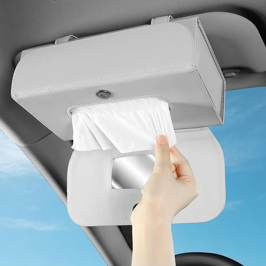Car PU Leather Clip On Visor Tissue Holder with Mirror Storage Grey | Tissues Box Cover for Sun Visors Large Rectangle Napkin Holder Fit for Various Tissue Sizes Box Organizer for SUV Sedan Truck