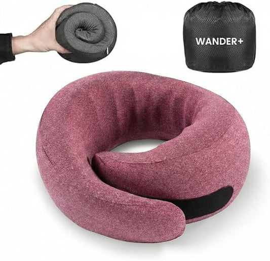 WANDER+ Plus® Travel Pillow, 100% Pure Memory Foam Travel Neck Pillow Airplane Neck Support Ergonomic Design Best for Sleeping Plane Car Train Office Flight for Adults Purple
