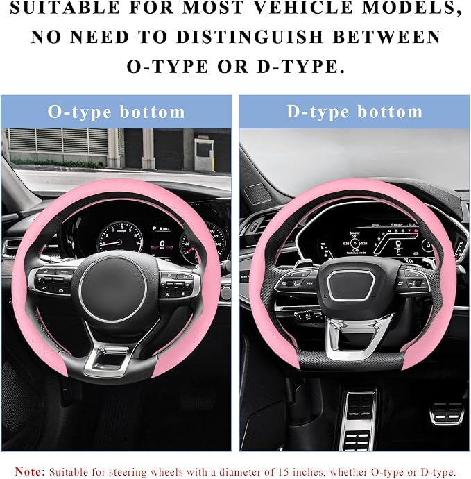 Steering Wheel Cover, 15 Inch Anti-Slip Breathable Steering Wheel Protector Auto Interior Decor, Heat-Resistant Comfort Grip Wheel Cover Universal for Most Cars Trucks SUVs (Pink)