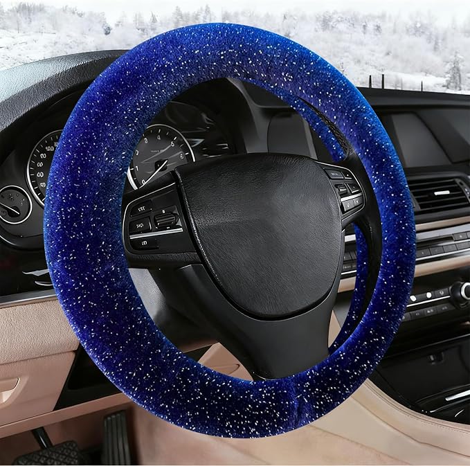 Blue Bling Starry Sky Furry Steering Wheel Cover, Universal 14.5-15 Inch Winter Plush Warm Steering Wheel Cover, Soft Fluffy, Anti-Slip Design, Soft Texture