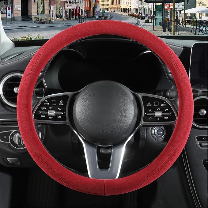 Red Suede Steering Wheel Cover Small 13.5 inch to 14 inch | Warm in Winter and Cool in Summer, Felt Car Accessories, Breathable Non-Slip Sweat-Proof Wear-Resistant for Civic Prius