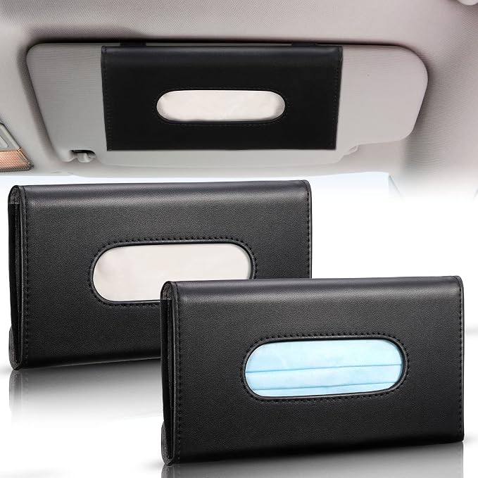 Mudder 2 Pcs Car Tissue Mask Holder Sun Visor Car Napkin Holder PU Leather Car Tissue Box Hanging Tissue Dispenser for Car Tissue Case Holder for Car Vehicle Backseat Interior Accessories (Black)