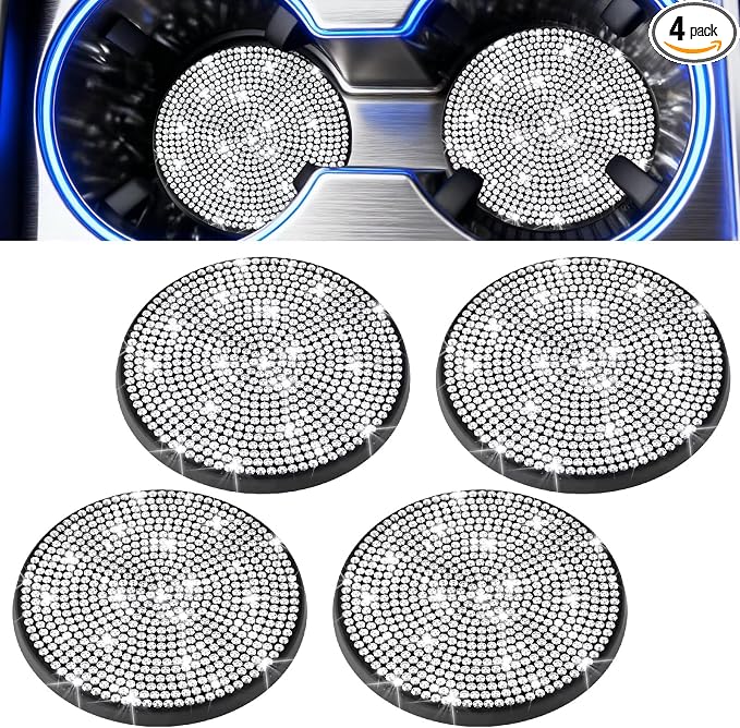 BFXM 4 PCS Bling Cup Holder Coaster, 2.75 inch Diamond Universal Non-Slip Silicone Cup Holder Coasters, Sparkly Bling Car Accessories for Women (White)