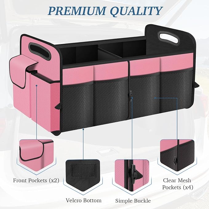 Trunk Organizer, Collapsible Waterproof Multi-Compartment Trunk Organizer for SUVs & Sedans, Car Storage with Reinforced Handles, Car Accessories for Women and Men, 52L