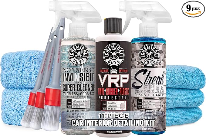 Chemical Guys 11-Piece Car Interior Detailing Kit with Microfiber Towels | With VRP protectant, Nonsense cleaner, glass cleaner, 3 detailing brushes, 3 microfiber towels, complete kit
