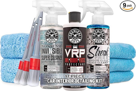 Chemical Guys 11-Piece Car Interior Detailing Kit with Microfiber Towels | With VRP protectant, Nonsense cleaner, glass cleaner, 3 detailing brushes, 3 microfiber towels, complete kit