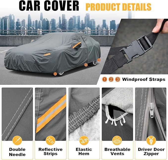 GUNHYI Premium Car Cover Custom Fit Lincoln Continental, 16 Layers Heavy Duty Car Cover Waterproof All Weather with Zipper Door for Sun Rain Snow Dust Uv Protection