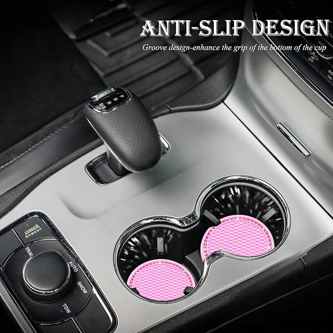 2PCS Bling Cup Holder Coaster, 2.75 Inch Auto Car Cup Holder Insert Coasters, Soft Silicone Anti-Slip Shockproof, Universal Vehicle Interior Accessories for Women Girls (Pink & White)