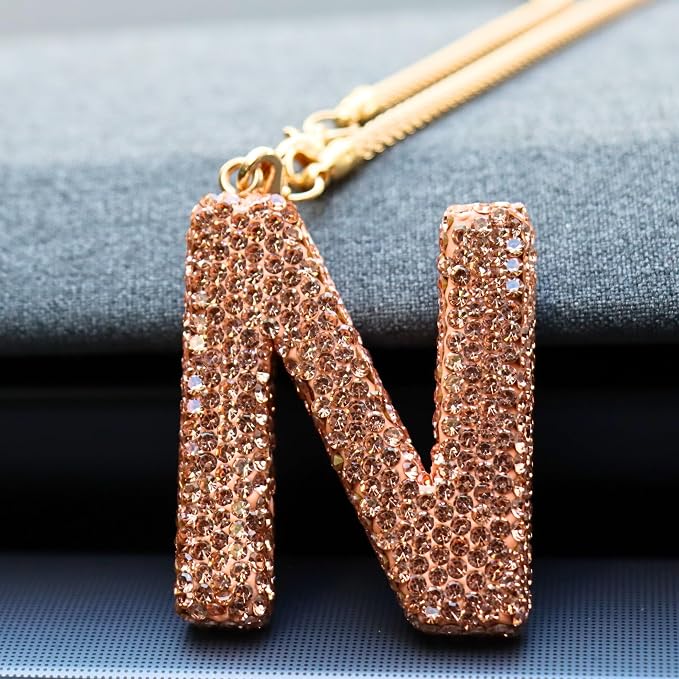 Bling Car Accessories for Women Letter Charm, Rainbow Crystal Rearview Mirror Pendant, Cute Diamond Rhinestone Car Decor, Lucky Gift for Women(N, Champagne Gold)