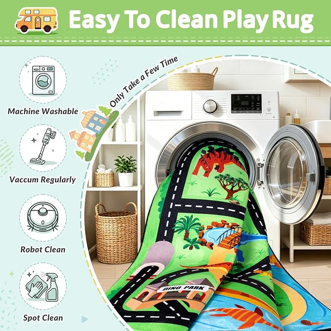 Kids Dinosaur Rug, 6x9 Ft Car Rug Play Mat for Kids | Extra Thick 0.4 in Soft Non-Slip Car Carpet Play Dino Rug with Realistic Roads for Toy Cars,Bedroom, Playroom & Nursery