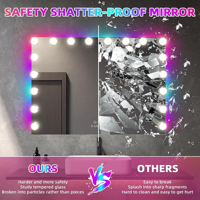VANITII Vanity Mirror with RGB Lights 32"x23" Hollywood Makeup Mirror with 18 Dimmable Bulbs Lighted Vanity Mirror with Smart Touch for Bedroom Dressing Room