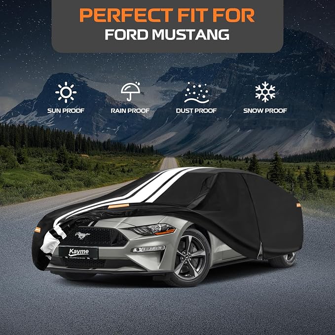 Kayme Heavy Duty Car Cover Custom Fit for Ford Mustang/Shelby/Mustang GT GT350 GT500 (1964-2026), Outdoor Full Exterior Cover with Tape and Towel, Rain Snow Sun UV Protection.
