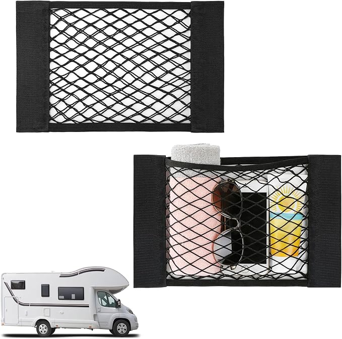 Bigmeta 2PCS RV Cargo Storage Mesh Net, Elastic Stretchable Netting Pocket with 4 Adhesive Strip Wall Sticker for SUV, Truck(15.4 x 9.4 Inch)
