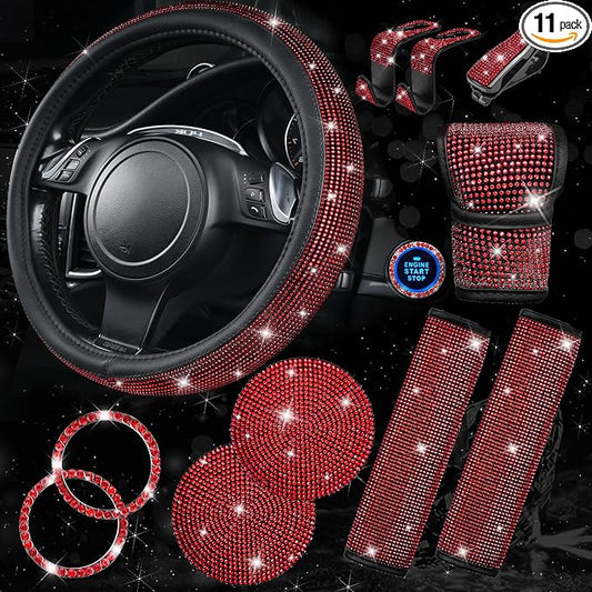 CAR PASS 11 PCS Bling Red Steering Wheel Cover Set for Women, Sparkly Rhinestone Diamond Bling Seat Belt Cushion, Glitter Shift Knob Cover, Car Cup Holder Coaster, Cute Interior Sets Red 14.5"-15"