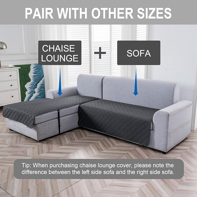 Genina L Shape Couch Cover, Sectional Couch Chaise Covers, Waterproof Washable Sofa Covers for Left L Shape Chaise Lounge, Anti-Slip Sofa Slipcovers for Dogs Cats Pet Friendly(Charcoal Gray)