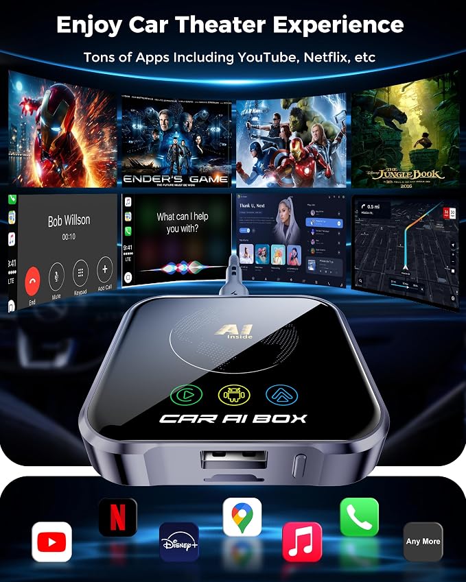 Magic AI Box Wireless CarPlay Adapter, Fast Car Video Box Plug & Play, Easy Setup, Supports Netflix/YouTube/TF Card Equalizers and More for OEM Wired CarPlay/Android Auto Cars(Charcoal Gray)