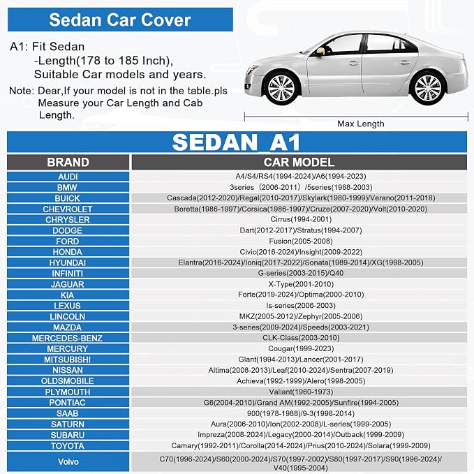 Sailnovo Sedan Car Cover Waterproof All Weather,Heavy Duty Full Exterior Cover for Audi, Honda Snow Sun UV Protection with Zipper Universal Fit for Sedan (178 to 185 Inch)