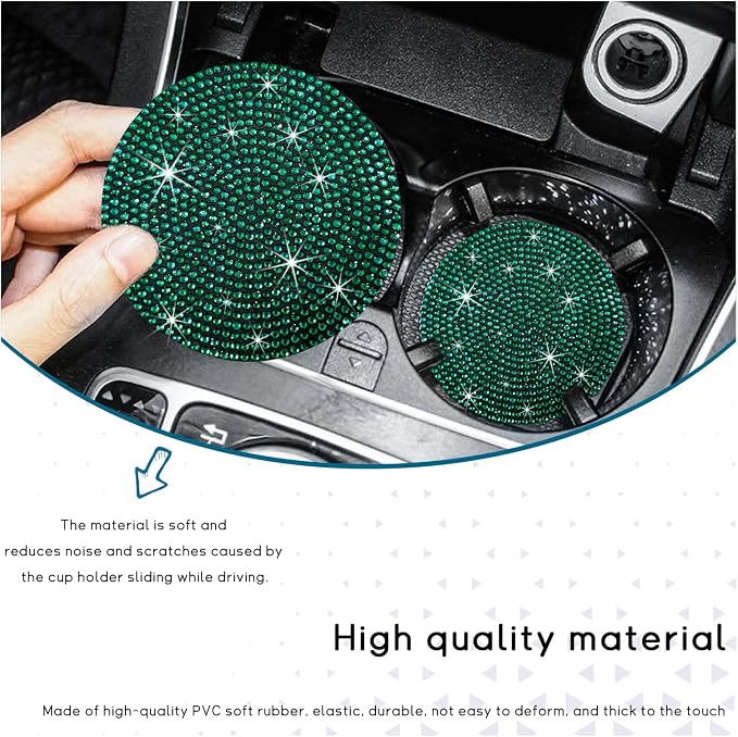 Ziciner 2 Pack Bling Car Cup Holder Coaster, Anti-Slip Auto Insert Coaster with Start Stop Button Cover, Universal Shiny Crystal Vehicle Interior Accessories for Women and Girls (Green)