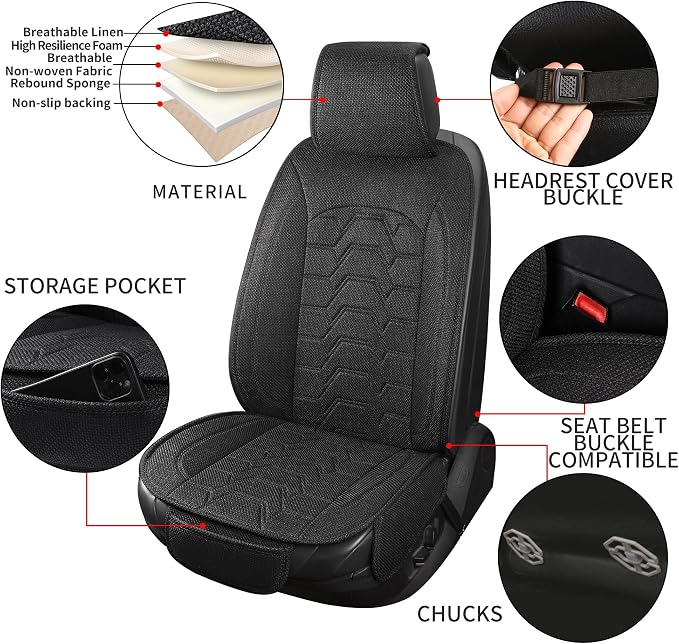 Linen car Seat Covers Breathable Cloth Fabric Seat Protector Front seat Covers Universal Fit for 95% Automotive, Car, Van, SUV, Trucks（Black，2PCS）