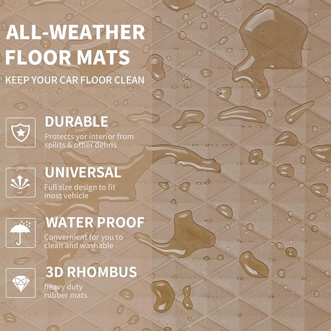 CAR PASS Beige Rubber Car Mats, All-Weather Floor Mats Full Set Durable Anti-Slip 3D Rhombus Waterproof Automotive Pad Trim to Fit Liner Universal Fit for Sedan SUV Truck Van, 4 Pcs All Beige Rubber