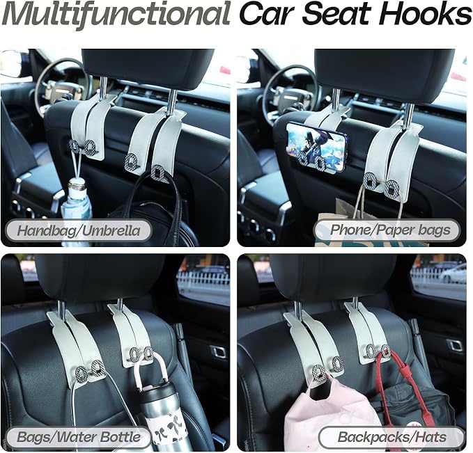 Car Headrest Hooks Universal Car Purse Hook Premium Leather and Alloy Twin Hook Car Seat Back Storage Hanger Hook for Purse Bags Cloth Drink Durable Holder Car Accessories (BH09-White-Black-4 Pcs)
