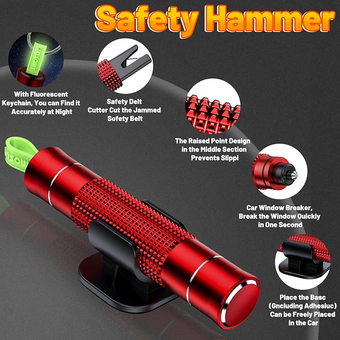 smosun Safety Hammer - Safe Hammer Glass Breaker Under Water, Upgraded Antiskid, Car Hammer Seatbelt Cutter Car Window Breaker Emergency Escape Tool, Safe Hammer Glass Breaker for New Cars (2PCS Red)