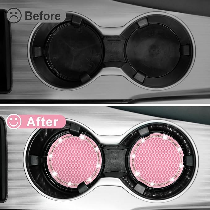 JUSTTOP Bling Cup Holder Coasters for Car,4PCS Universal Non-Slip Cup Holder,Rhinestone Decorative Coasters,Crystal Car Interior Accessories for Women(Pink)