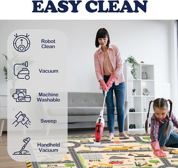 Kids Construction Playroom Rug, Faux Wool Excavator Map, Non-Slip, 5 x 7 ft | Excavator and truck design; Construction-site play; Soft faux wool surface; Non-slip backing; Easy-care finish