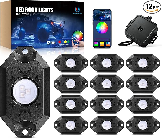 MICTUNING 2nd-Gen CM RGB Rock Lights - 12 Pods Waterproof Multicolor Neon Underglow Kit with Bluetooth App Control & Music Mode for Trucks Pickup UTV SUV ATV （2 Year Warranty）
